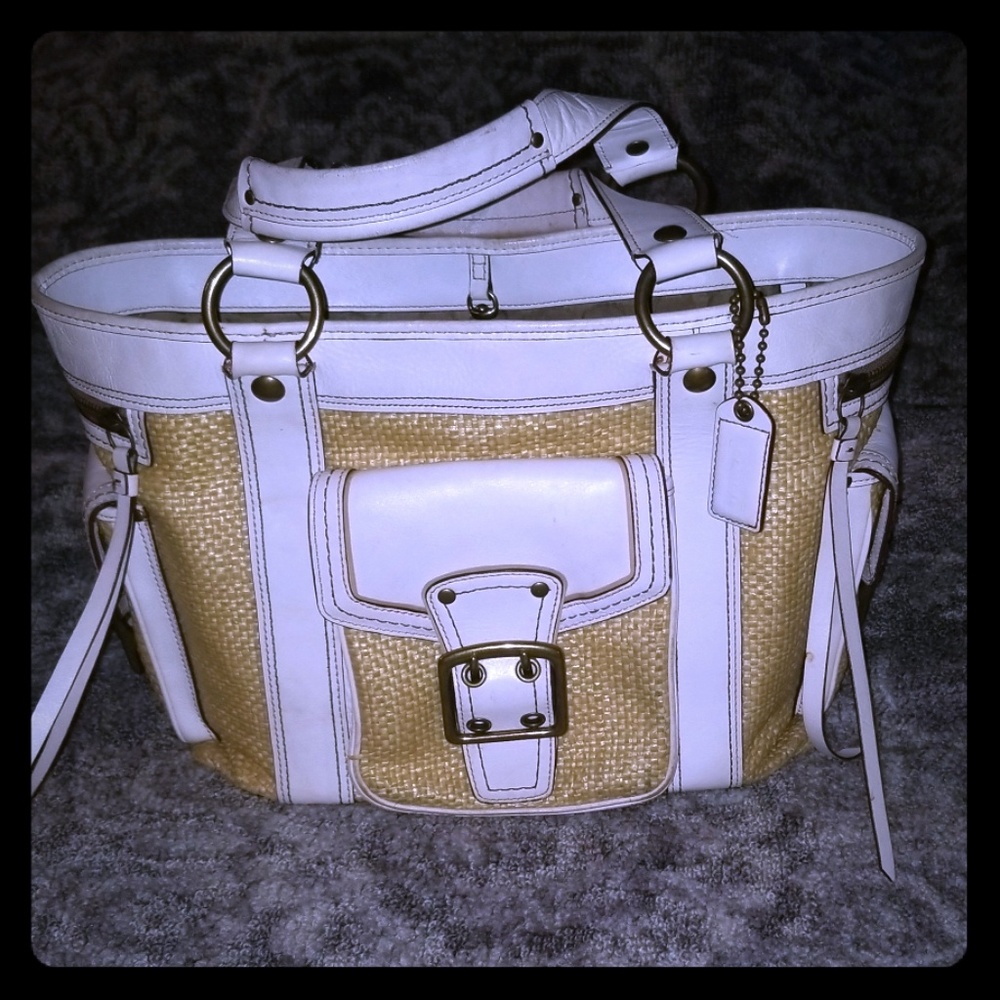 LARGE VINTAGE COACH WHITE LEATHER & STRAW PURSE